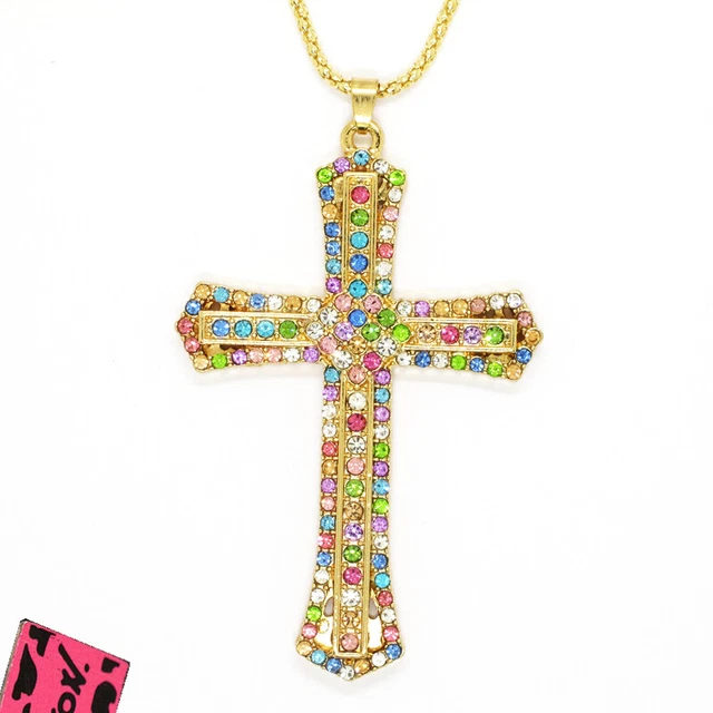 New Betsey Johnson Color Rhinestone Prayer Cross Crystal Pendant Chain Necklace