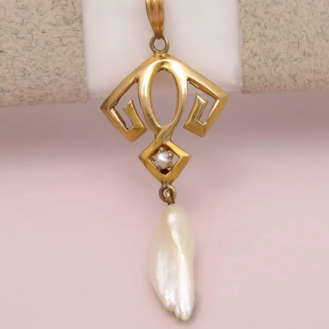 Antique Edwardian 10k Gold Greek Key Gold Dogtooth Pearl Lavaliere Pendant