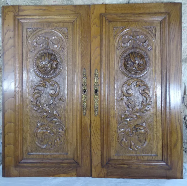 Antique French Pair Carved Wood Doors Wall Panels Solid Oak Salvage Warrior Head