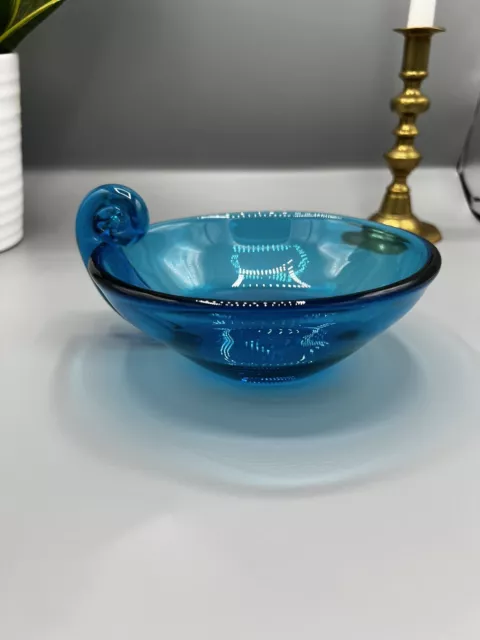 Vintage 4"x6.5" Blue Glass Bowl With Snail Curl Handle