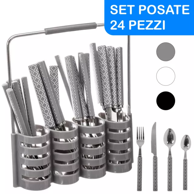 Set Posate per 6 Persone da Tavola 24 pezzi in Acciaio Inox Nere Bianche Grigie