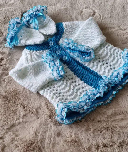 Baby Cardigan & Mittens to fit Age Newborn to 6 Months Approx - HAND KNITTED