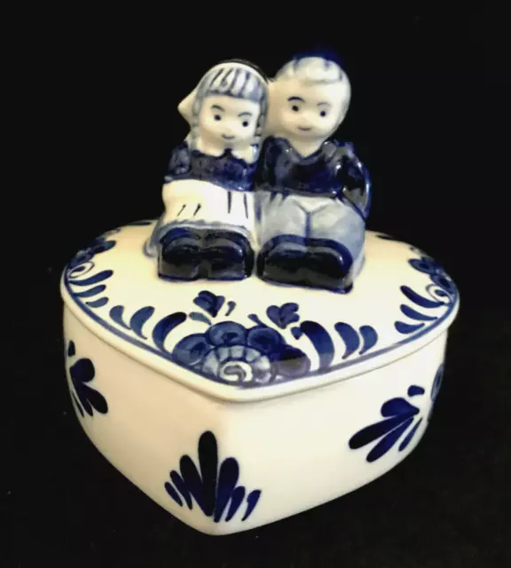 Delft Blue Trinket Heart Shaped Blue and White Porcelian Box Boy and Girl