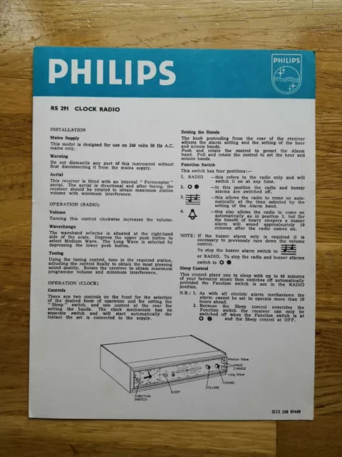 Philips RS291 User Guide, great condition, retro vintage 1970s?