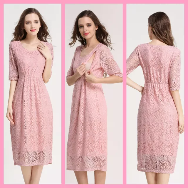 New Pink Lace Maternity Breastfeeding Nursing Dress Size 8 10 12 14 S M Wedding