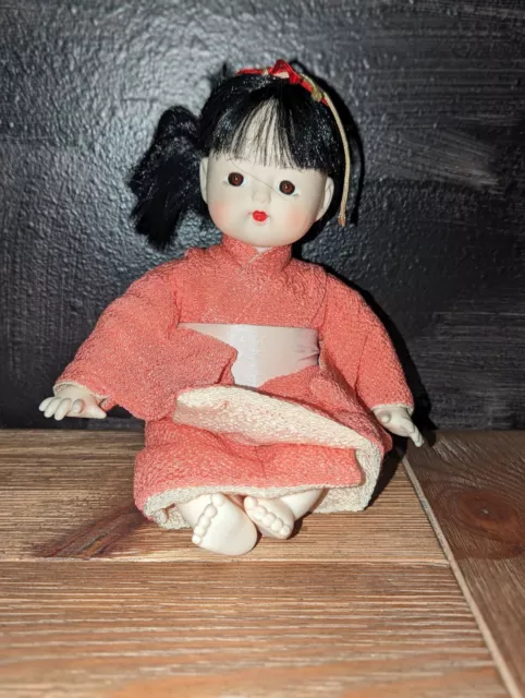 Vintage Japanese Baby Girl Doll Traditional Kimono 7" Gofun Ichimatsu