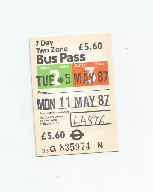 bus ticket/pass london regional transport 1987