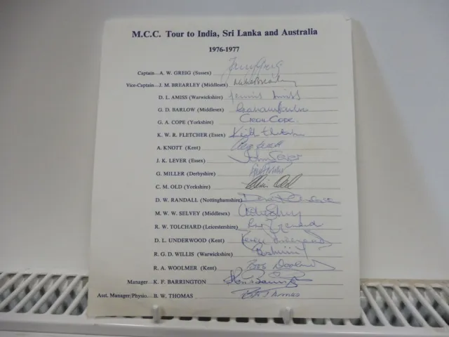MCC Tour To India/Sri Lanka & Australia 1976/77 Official Sheet Signed by all 18