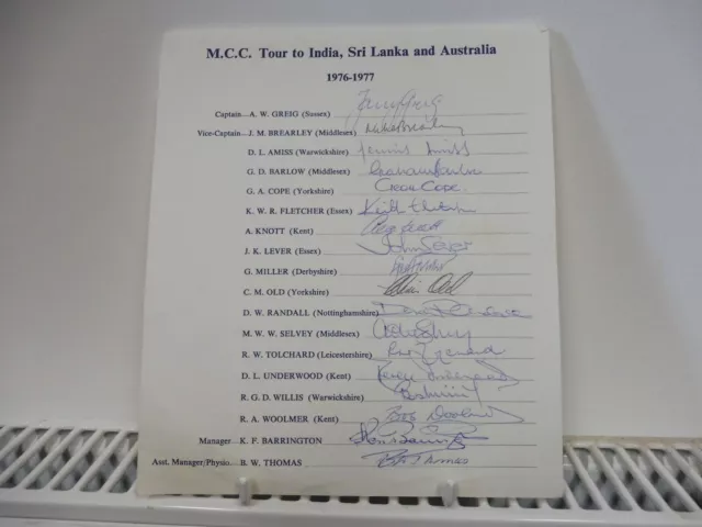 MCC Tour To India/Sri Lanka & Australia 1976/77 Official Sheet Signed by all 18