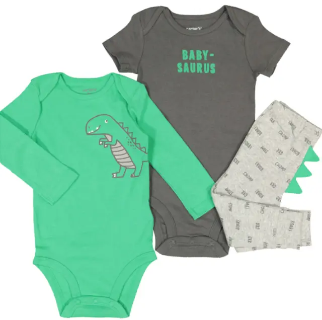 Carters 3 Piece Baby Boys Dinosaur Set Twin Bodysuit and Pants 6, 9 & 12 Months