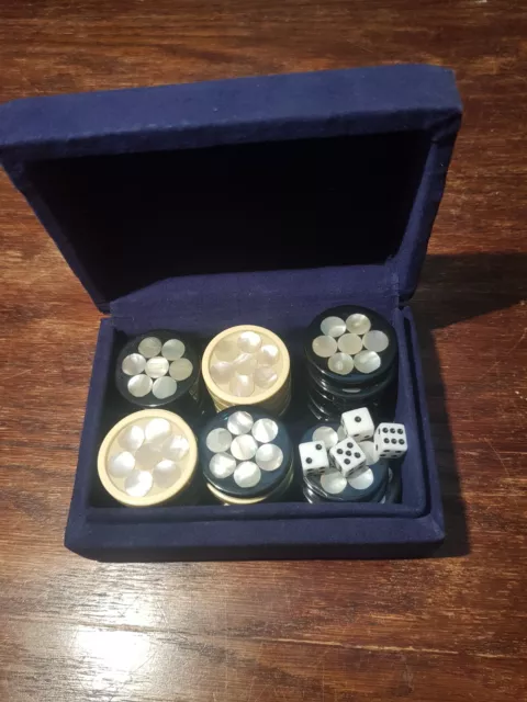 Handmade Mother of Pearl Inlaid 30 Backgammon Chips,Backgammon Set in a Gift Box