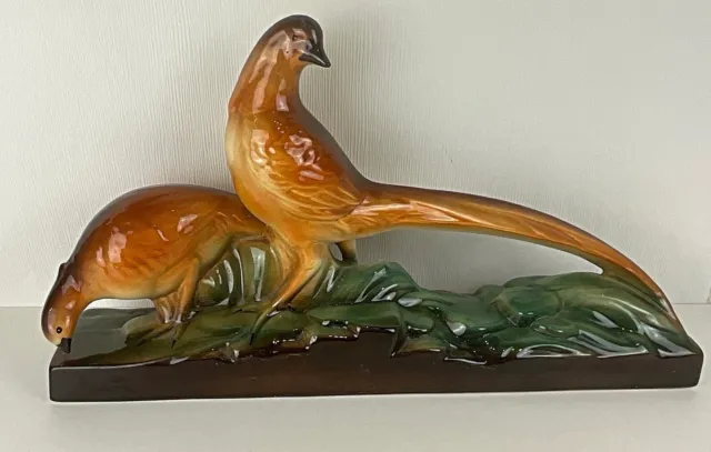 Ancienne XXème magnifique sculpture couple d'oiseau faisan en céramique émaillé
