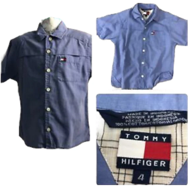 Tommy Hilfiger Shirt Boys Blue Poplin Cotton Short Sleeve Button Up Logo AGE 4