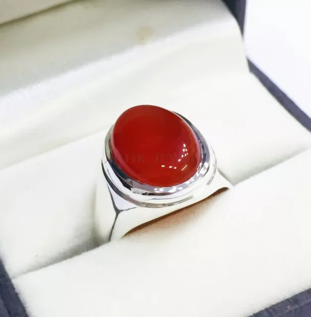 Natural Red Onyx Gemstone with 14K White Gold Plated Silver Ring for Men's #1321