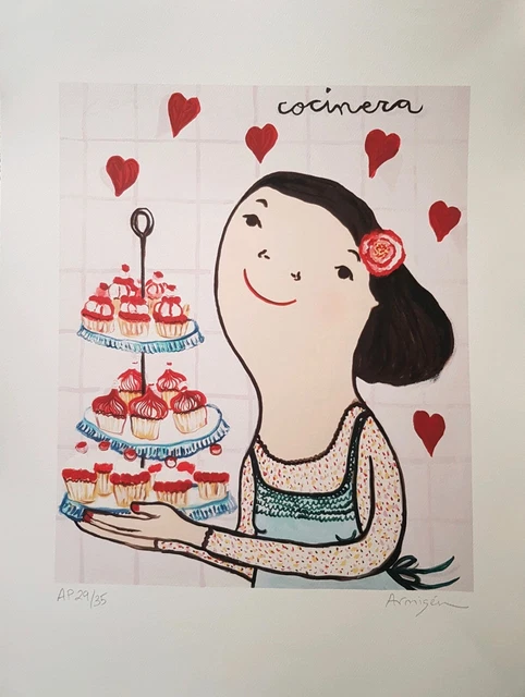 Obra gráfica original de Eva Armisén - Cocinera. En perfecto estado, firmada