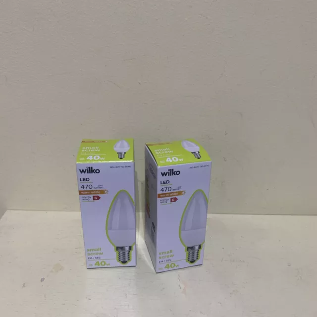 2 X WILKO Candle LED Bulb E14 SES 40W Warm White 2700K 470 Lumens