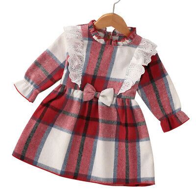 2PCS Kids Toddler Girls Princess Dress Check Outfit Autumn Shirt Dress Top 1-8T