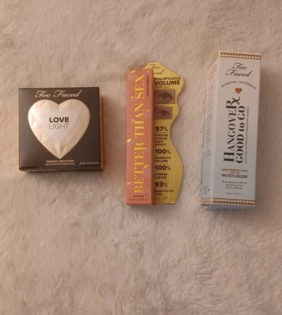 Lote de maquillaje Too Faced (3)/destacador nocturno de amor, rímel B.T.S, hidratante RX