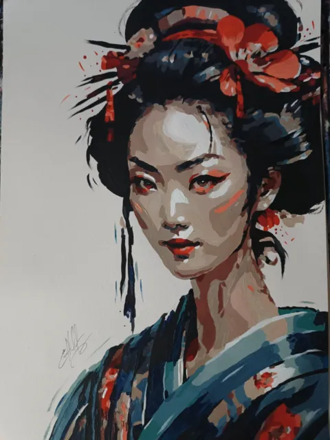 Acrilyc portrait Poster Of Japanese geisha girl, handmade