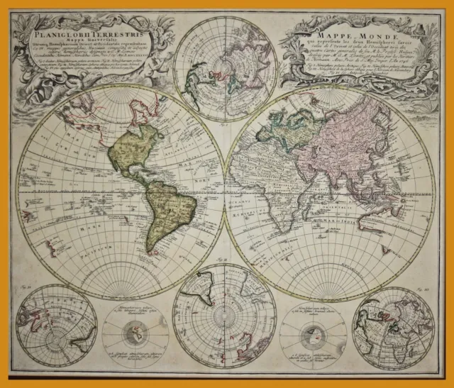 WORLD MAP by Homann heirs 1746 - beautiful, extremely decorative original!