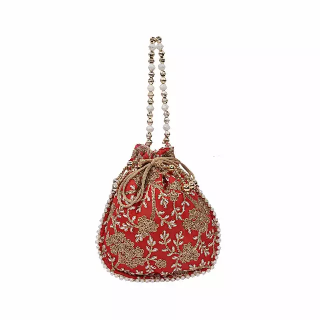 Tradicional Raro Seda Bordado Hecho a Mano Mujer Potli Bolsa Rojo 1 PC Raro 2