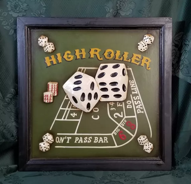 QUADRO ARREDO "CRAPS" PANNELLO INSEGNA PUB IN LEGNO ALTORILIEVO '70s HIGHROLLER
