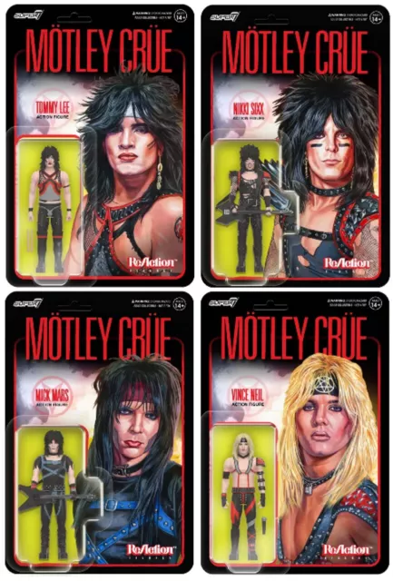 Motley Crue Reaction Figures Wave 01  SUPER 7     FULL SET OF ALL FOUR