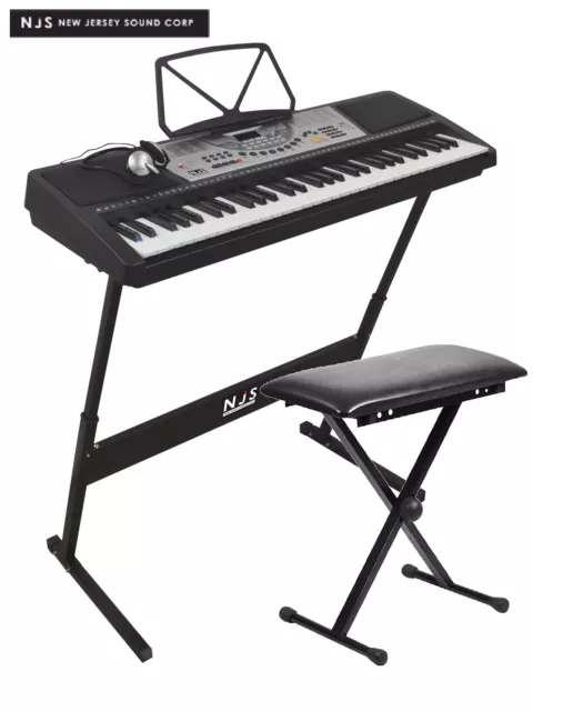NJS 61 Key Full Size Electronic Keyboard, Sheet Music Stand, Headphones & Stool