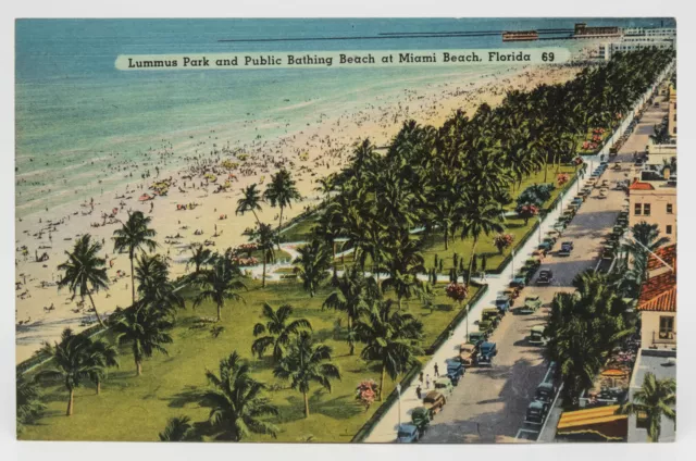 Postcard FL Lummus Park Bathing Beach Aerial View Car People Ocean Miami Florida