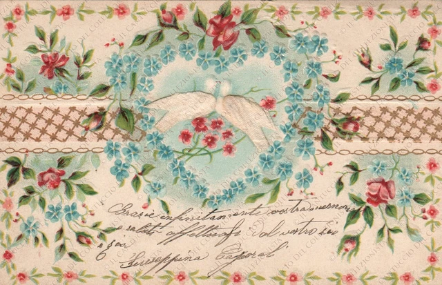 1904 Biglietto d’amore floreale con colombi Cartolina romantica in rilievo
