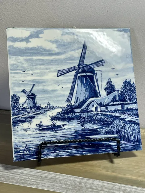 Vintage Delft Blue Style 6 X 6 Tile Decorative Art Piece Windmill Walk Decor