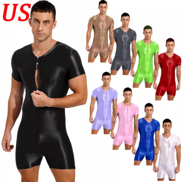 US Mens Oil Glossy Full Body Bodysuit Jumpsuit Stretchy Zipper Leotard Sportwear