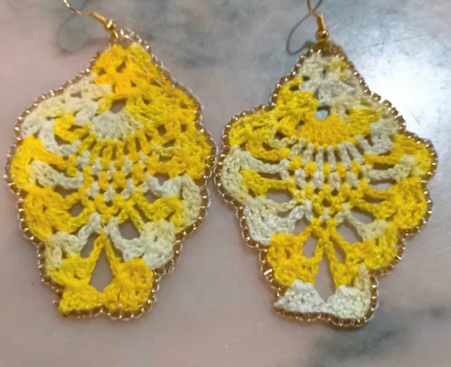 Hand Made Crocheted Beaded Earrings  Unique Yellow Cotton Crafted Vintage Style.