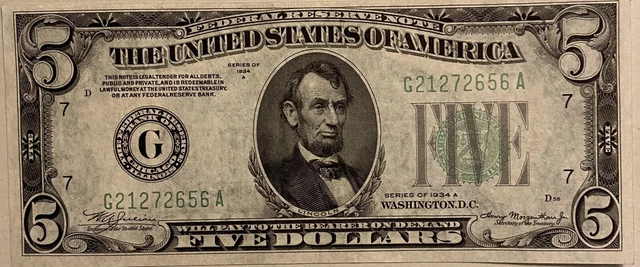 Light green SEAL $5 1934-A FEDERAL RESERVE NOTE BILL FIVE DOLLARS CHICAGO UNC
