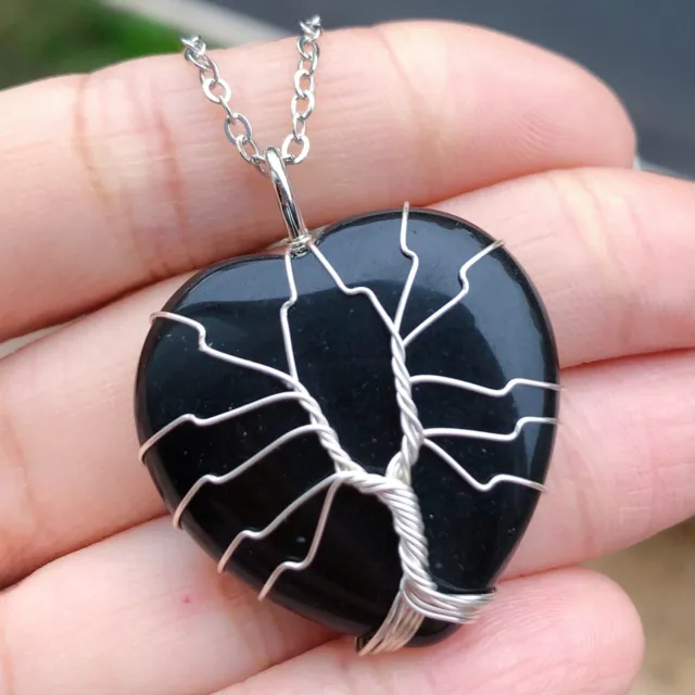 Black onyx Gem stone Tree of life Necklace Heart  Chakra Reiki Healing Amulet