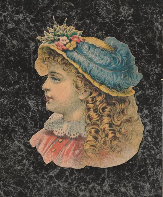 Victorian Trade Card Cutout Girl with Ringlets Straw Hat with Blue Feather 4 x 3