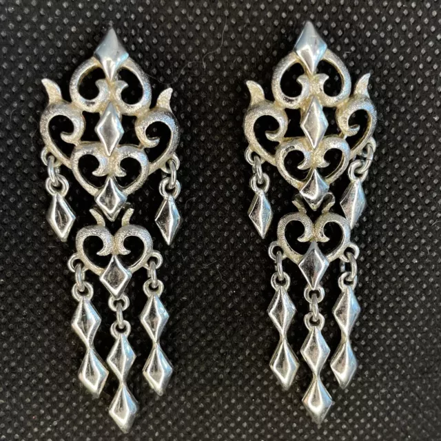 VTG Monet Chandelier Dangle Drop Earrings Tassel Silver Scroll Fringe Waterfall