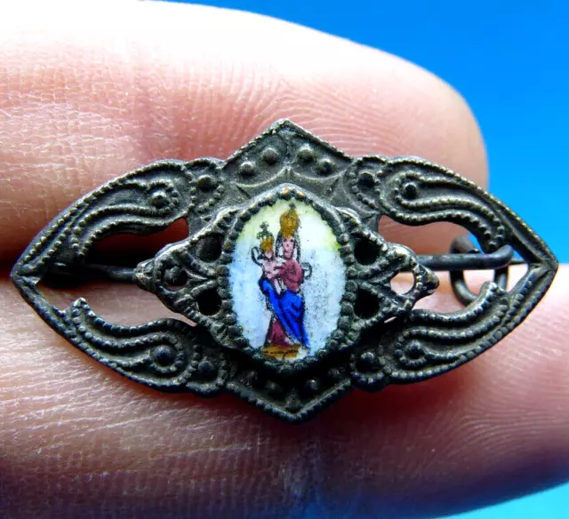 1800s ENAMEL BROOCH PIN HANDMADE PAINTED VIRGIN ANTIQUE ANCIENT RELIGIOUS MEDAL