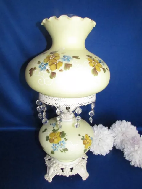 Vtg Gwtw Victorian Hurricane Parlor Table Lamp Signed Hand Painted 20.5" Prisms