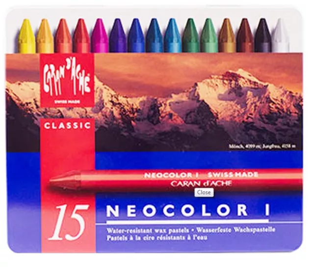 Caran Dache Neocolor I Wax Oil Crayon Pastels Water Resistant Metal Case 15 Set