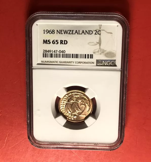 New Zealand -1968-Uncirculated 2 Cent Coin,Graded By Ngc 65 Rd.