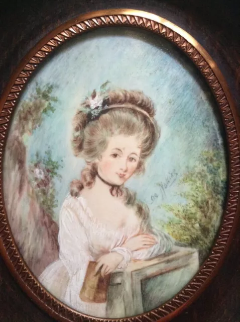 Vintage Miniature Portrait Young Lady in a White Dress with a Book 18thC Style