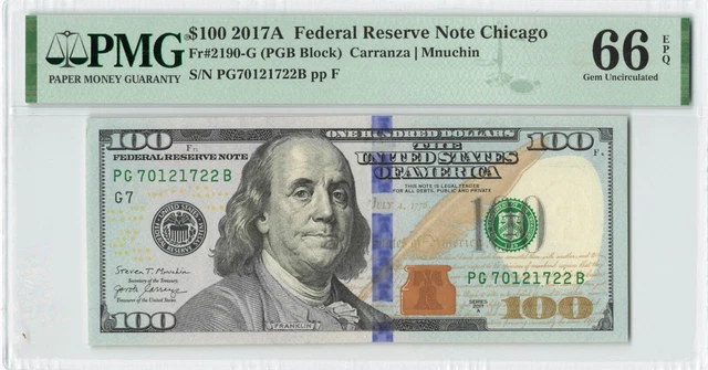 USA $100 Dollars 2017-A, Fr#2190-G, Chicago, PMG 66 EPQ Gem UNC Grade, PGB Block