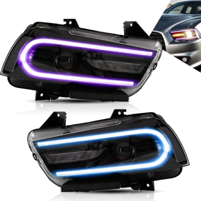 Vland RGB Headlights For Dodge Charger 2011-2014 Black Dual Beam Headlamps Pair