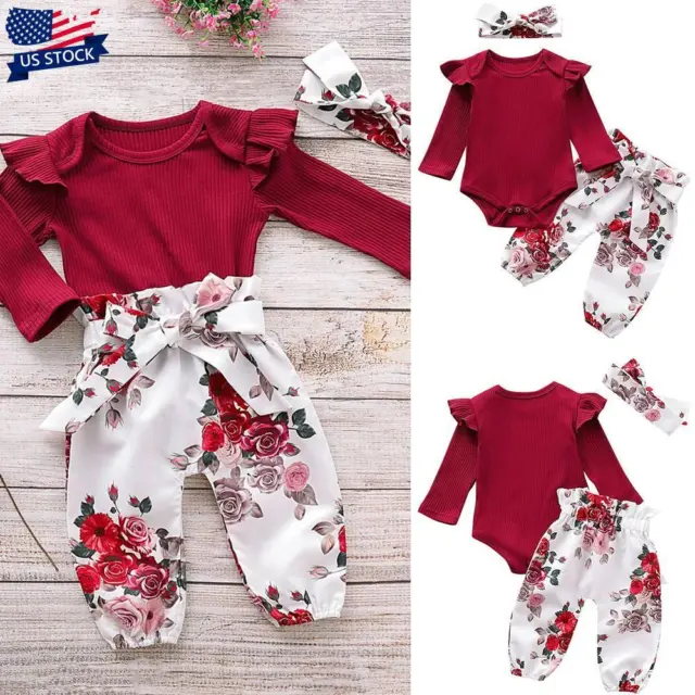 3PCS Newborn Baby Girls Floral Tops Pullover Rompers Pants Headband Outfits Set