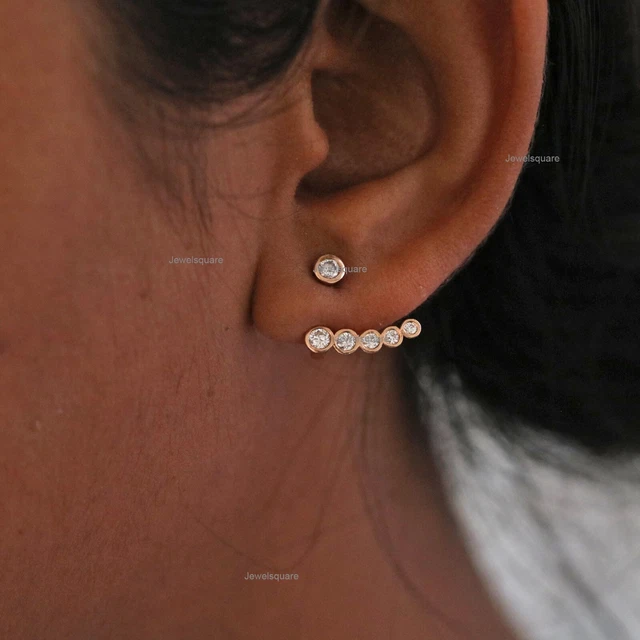 Real Diamond Ear Jacket Cuff Earrings Set Front Back 2 in 1 with 14k Rose Gold