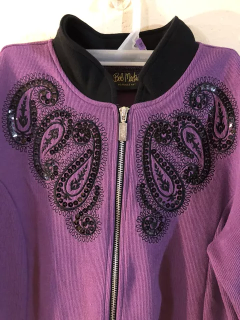 Bob Mackie Wearable Art Fleece Jacket Womens Medium Embroidered Full Zip Purple 3