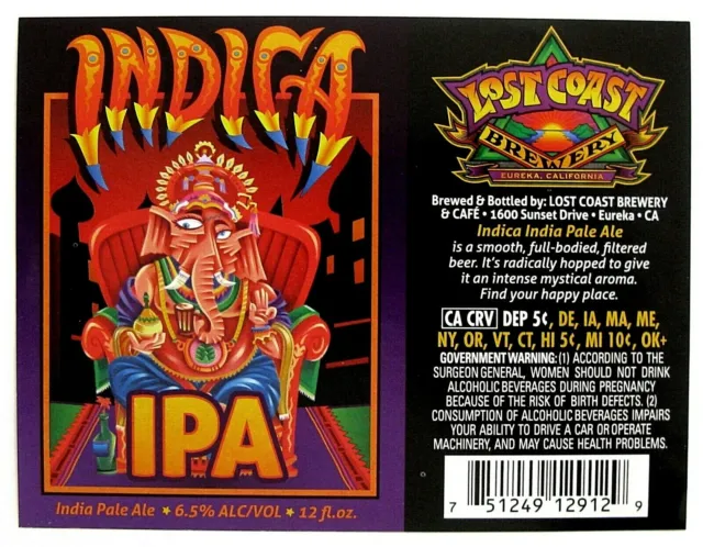 Lost Coast Brewery INDICA IPA beer label CA 12oz Var. #4 - ABV 6.5% ERROR