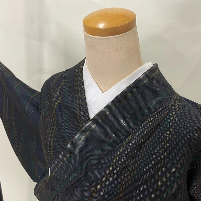 VINTAGE Japanese Kimono Oshima Tsumugi Silk Casual Wear Haori  Indigo G-551
