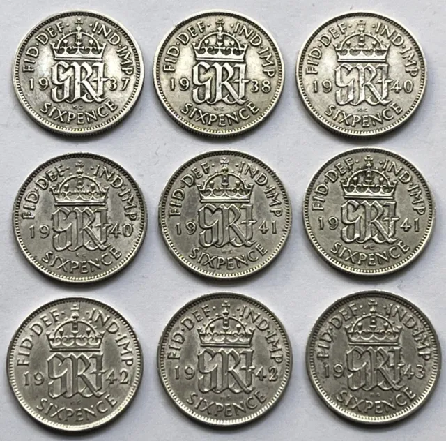 Set of 9 Silver King George VI Sixpence Coins (1937 to 1943) - Good Condition